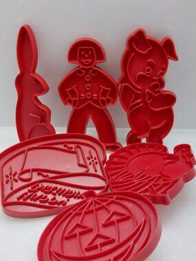 6 Vintage Tupperware Cookie Cutters Jack- O- Lantern, Birthday Cake, Turkey